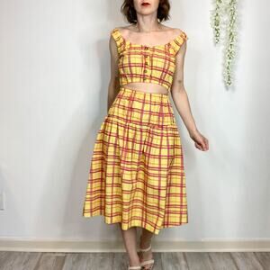 NWT REVOLVE L'ACADAMIE retro midi dress cutout cottagecore yellow plaid 2329